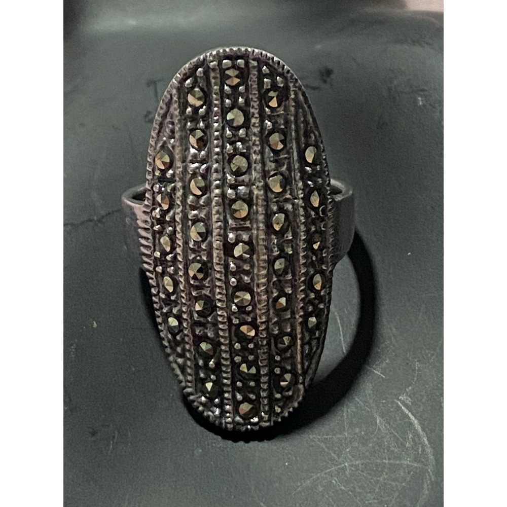 925 Sterling Silver Marcasite Full Finger Cocktail Ring Sz 6.5 Long Oval Armour